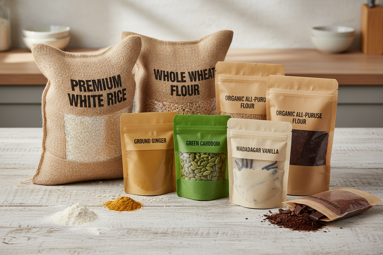 generate bags of rice, flour, puches of ginger, cardamom, vanilla and chocolate